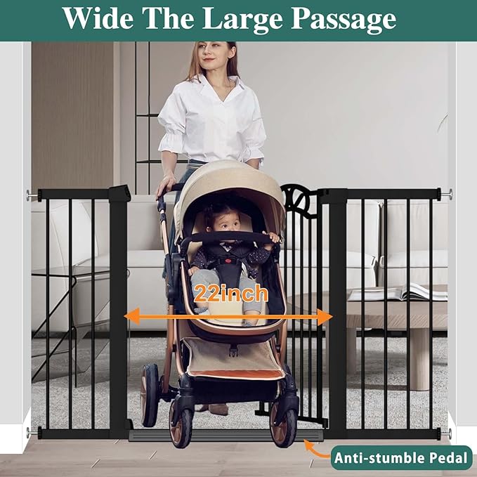 Fairy Baby 29.53"-32.28" Wide Baby Gate with Door, Walk Through Baby Gates for Stairs Pressure Mounted no Drill, Indoor Tension Metal Pet Dog Gate, Auto Close Child Safety Gate, Black