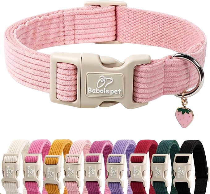 Cute Corduroy Dog Collar - Pink Adjustable Dog Collars for X-Large Dogs 80+lbs, Fade-Proof with Secure Snap & Little Charm, Christmas Birthday Gift, XL