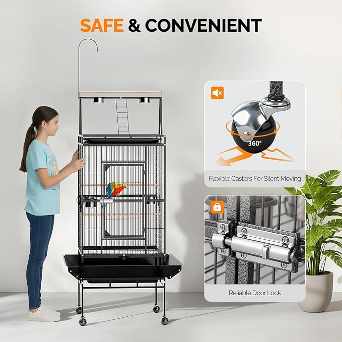 VINGLI 83 Inch Bird Cage with Play Top, Large Wrought Iron Bird Cage with Wheels, Rolling Parakeet Cage with Removable Tray for Cockatiels Lovebird Finches Canaries