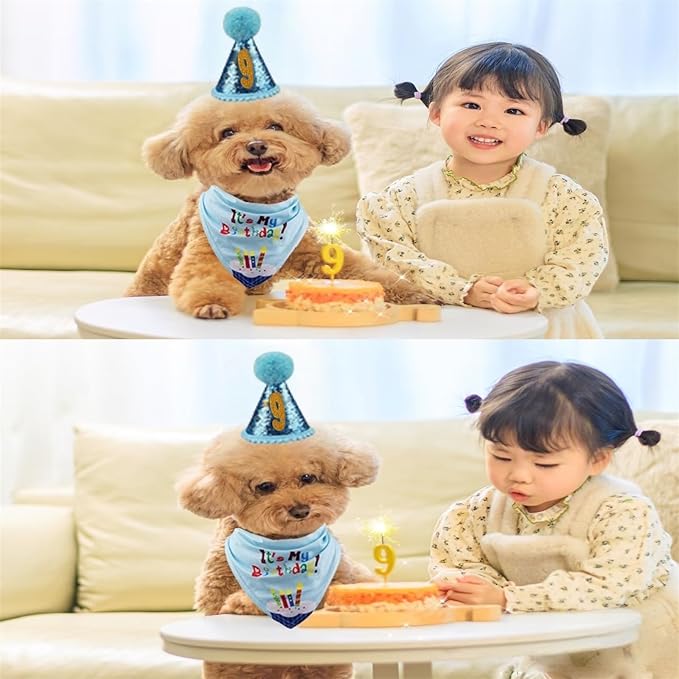 Pet Birthday Party Set,Dogs Bandana and Dog Birthday Hat with Star Pattern Design, Adjustable Sequin Bow tie Accessories, Blue Birthday Boy Scarf (Dark Blue)