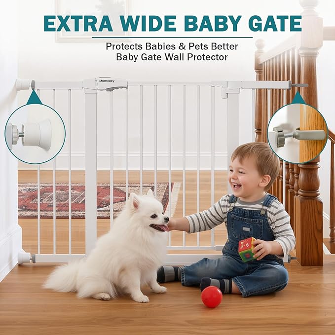 Mumeasy 29.7–48" Baby Gate for Stairs, Dog Gate for Doorways, Auto Close Child Gate, Indoor Safety Pet Gate with Walk Thru Door, Easy Install Pressure Mounted Extra Wide Gate for Kitchen, House,White