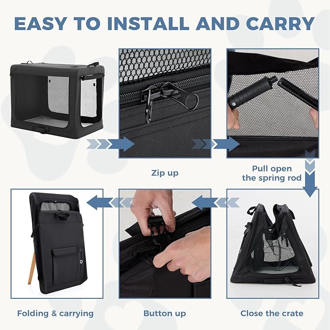 DUMOS Dog Crate 24 Inch Travel Cat Pet Carrier for Small Dog, Portable Foldable Soft Pet Airline Approved Crate with Storage Bag & Washable Pad for Indoor Outdoor Dog Kennel Carrier (S-30lbs, Black)