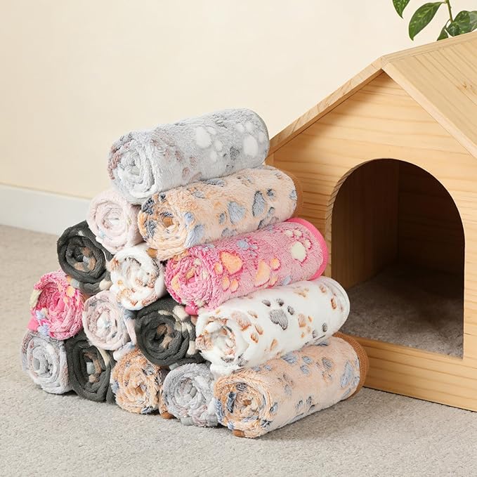18 Pcs Dog Blankets for Small Dogs Washable Soft Fluffy Fleece Puppy Blankets for Pets Cute Paw Printed Throw for Indoor Cats Kitten Crate (Camel, White, Pink, Gray, Yellow, Dark Gray, 23 X 16 Inch)