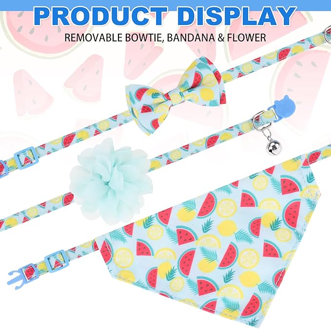 Breakaway Cat Collars with Bell & Cute Pendants - 3 Pack Adjustable Safety Kitten Collars - Decoration for Girl Boy Cats Puppy and Small Pets (Style C - Watermelon)