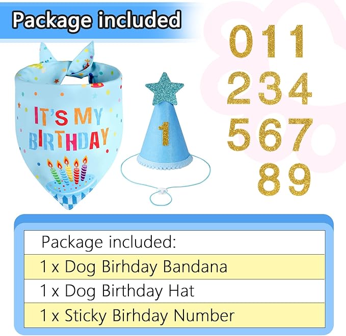 Dog Birthday Party Supplies with Hat Bandana Numbers, Light Blue Dog Birthday Set for XLarge Large Pets Puppy Boy