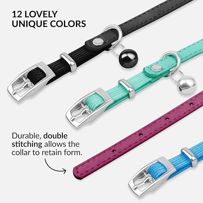 CollarDirect Leather Cat Collar with Bell - Kitten Collar, Small and Big Cat Collar for Boy Cats, Girl Cats with Safety Elastic Strap (Neck Fit 6"-7", Pink)