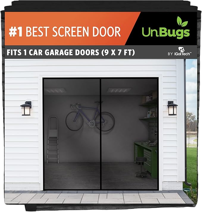 UnBugs Garage Screen Doors for 1 Car Garage - Fits Single Garage Doors up to 9 Feet Wide x 7 Feet Tall MAX - Pet & Kid Friendly, Self-Closing - Hands Free Magnet Closure Keeps Bugs Out & Breeze in