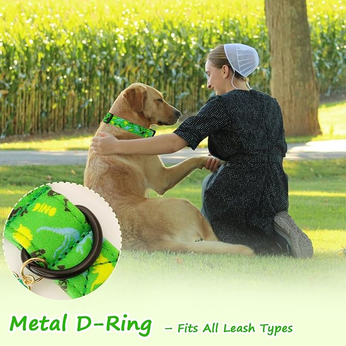Medium Dog Collars for Male Dogs, Boy Dog Collars with Dinosaur Pattern，Adjustable Cotton Green Collar for Puppy Dog，Ideal, Daily Photos & Pet Fashion Accessory