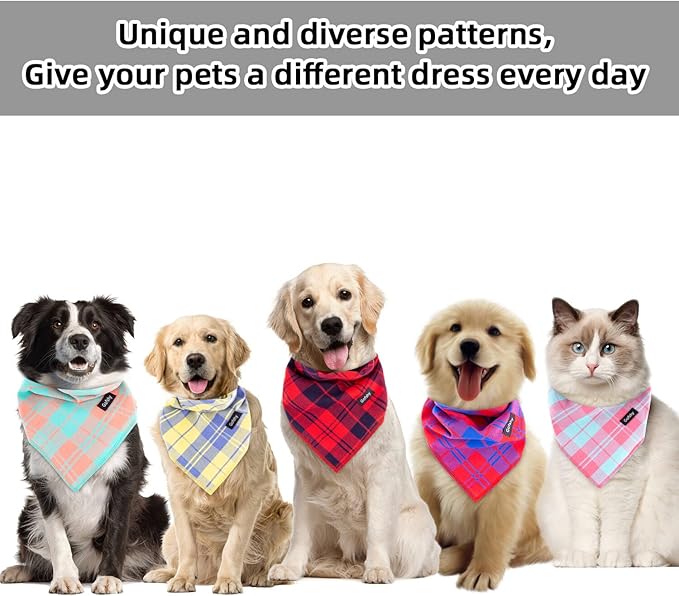 Spring Dog Bandana Large-Dog Scarf Vibrant Color Pink Green Plaid Printing Adjustable Bib Handkerchief Accessories for Medium Large Dogs (L)