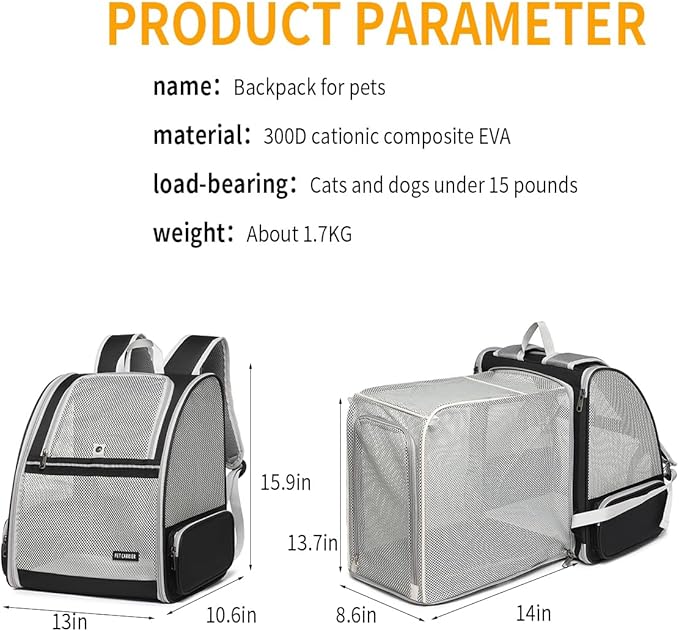 Cat Backpack，Expandable Cat Carrier Backpack, Dog Backpack Carrier and Pet Carrier Backpack, Suitable for Cats, Kittens or Small Dogs, Travel Friendly Puppy Cats Bag (Black)