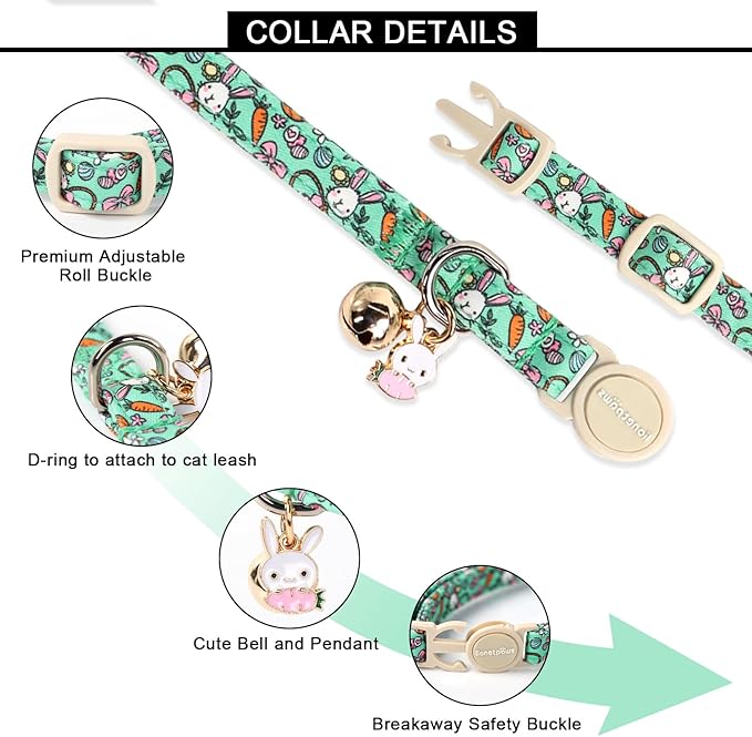 Lionet Paws 2pcs Pack Easter Cotton Cat Collar,Breakaway Buckle with Rabbit and Colorful Eggs Cute Adjustable Green Cat Kitten Collar,Ideal for Girl Cats Boy Cats