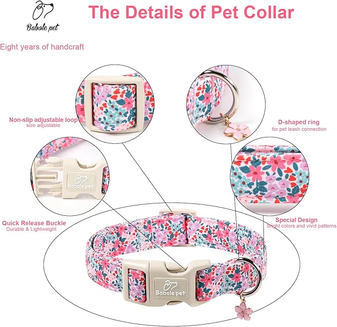 Floral Dog Collar, Cute Girl Dog Collars - Pastel Wildflowers Pattern Spring Summer Puppy Collar, Adjustable Female Dog Collars for Small Medium Large Dogs M