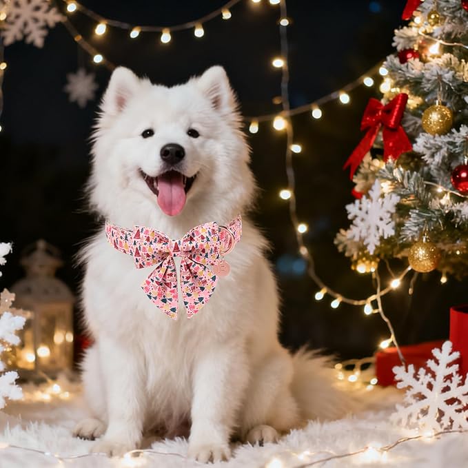 Christmas Dog Collar with Bow Tie, Pink Christmas Tree Collars for Dogs, Adjustable Pet Collar with Cute Xmas Tree Pendant, Winter Dog Accessories for Small Medium Large Dogs M