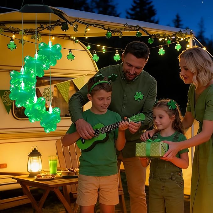 St. Patrick's Day Solar Shamrock Wind Chimes, Green Shamrock Solar Lights Outdoor Mobile Wind Chime for Party Window Garden Yard Decorations, Birthday Irish Gifts for Mom Women Grandma