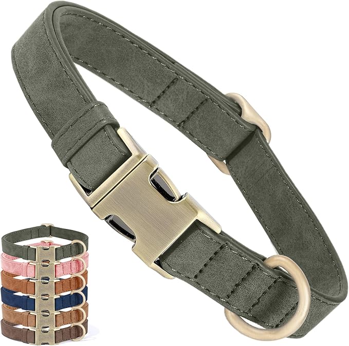 Genuine Leather Dog Collar - Adjustable Pet Collar with Quick Release Metal Buckle, Soft Skin Friendly Real Leather Collar for Small, Medium, Large Dogs (Dark Green, L：Fit 15-23" Neck)