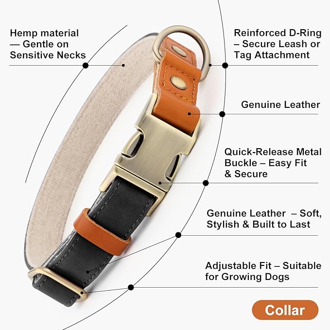 Plutus Pet Genuine Leather & Hemp Dog Collar – Adjustable Heavy Duty Pet Collar with Quick Release Metal Buckle, Soft & Stylish for Puppy and Small, Medium, Large Dogs (Black, S)