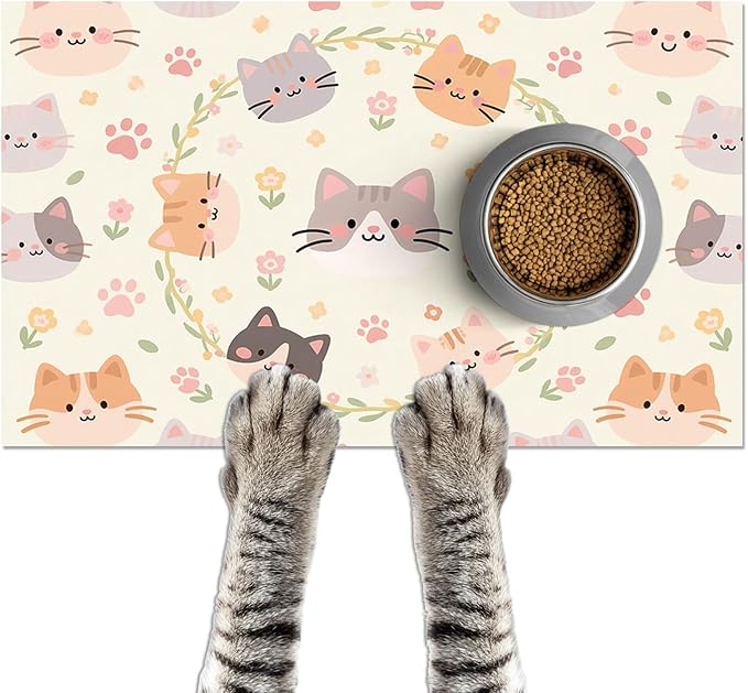 Cat Feeding Mat 24x16 inch Floral Ring Kitten Print Pet Bowl Placemat Non Slip Floor Mat for Food and Water Indoor Kitty Feeding Station Cute Meal Pad for Small Pets Kitchen Use