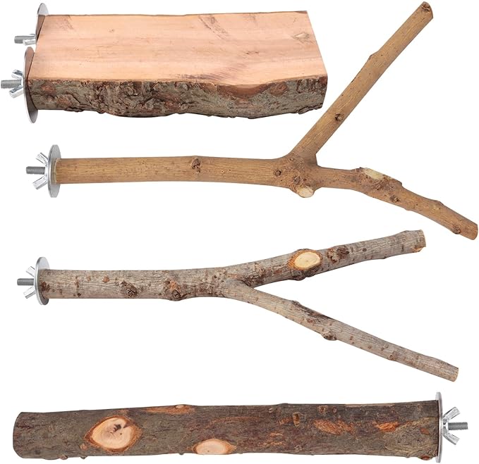 BILLIOTEAM 4-Pack Natural Wood Bird Perch Stand with Spacious Platform, Thick & Long Branches, Large Parrot Cage Accessories for African Grey, Macaws, Conures, Eclectus (Medium & Large Birds)
