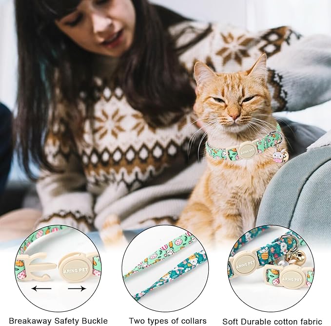 ARING PET 2 Pack Easter Cat Collars-Cute Bunny Cat Collar Breakaway with Bell&Pendant, Adjustable Green Rabbit Kitten Collars with Safety Buckle for Girl&Boy Cats