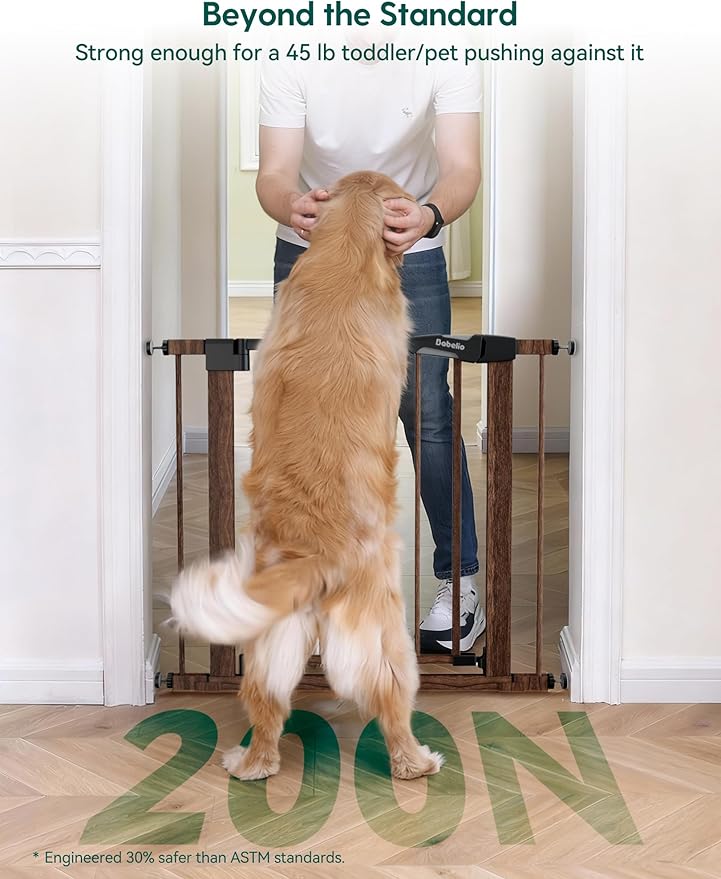 Mom's Choice Award Winner-BABELIO 26-40" Metal Baby Gate with Black Wood Pattern, PressGuard C5 Easy Install Pressure Mounted Dog Gate for Stairs and Doorways, with Wall Protectors and Extension Kits