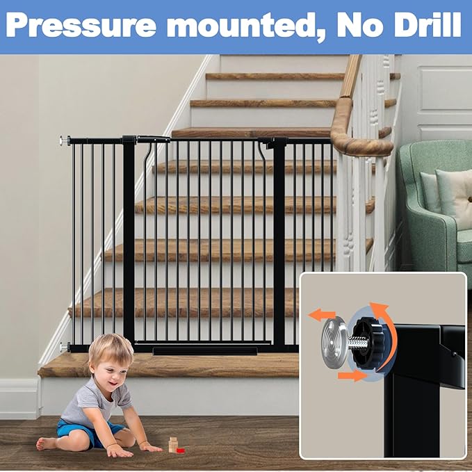 40.5" Extra Tall Baby Gate No Drill, 54.7"-60.2" Extra Wide Dog Pet Gate Indoor Outdoor, Safety Child Toddler Gate, Metal Tension Auto Close No Climb Fence Pet Cat Gate for Stairs, Black