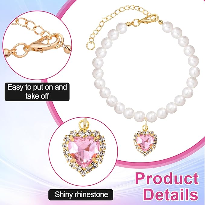 2pcs Cat Pearl Collar with Heart Pendant, Cute Pearl Pet Necklace in Small, Adjustable Wedding Party Small Dog Jewelry Accessories for Puppy Kitten- Pink & Purple