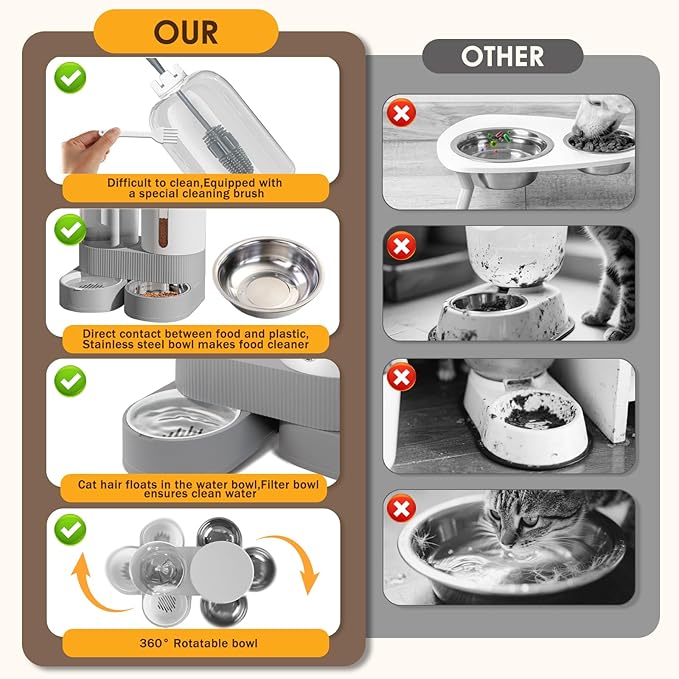 Automatic Gravity Cat Dog Feeder and Water Dispenser with 304 Stainless Steel Bowls 2 in 1 360 Degree Rotatable Auto 2.4L Dry Food and 2.6L Water Bowl for Small Medium Pet Dog Puppy Kitten (Gray)