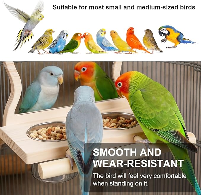 Feeder with Acrylic Mirror & Stainless Steel Bowls, Natural Wood Perch, Cage Accessories, Parakeet Cage Accessories, Tool-Free Adjustable Supplies for Parakeet Cockatiel Lovebird