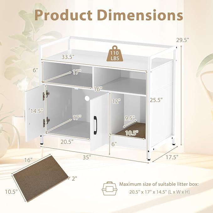Giantex Cat Litter Box Enclosure - Cat Washroom Hidden Furniture with Front Entry, Scratcher, 2-Door Storage Cabinet, 2 Compartments, Air Vents, Metal Frame, Wooden Pet Crate House (White)