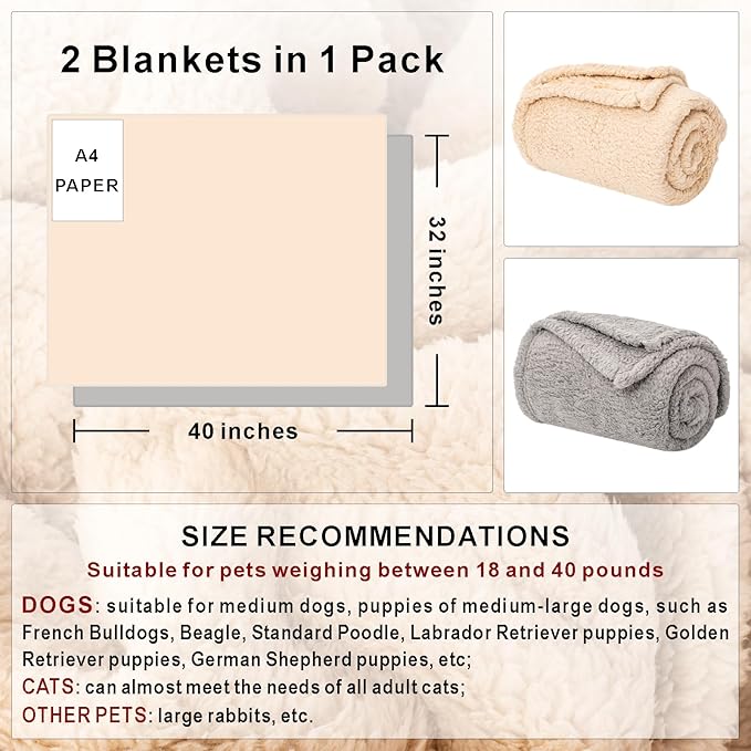 2 Blankets, Dog Cat Pet Blanket, Soft Warm Fleece, for Puppy, Small Dogs or Kitten, Cats, Plush Fuzzy Blanket for Bed, Sofa, Travel (40" x 32", 2/Pack, Beige+Light Gray)