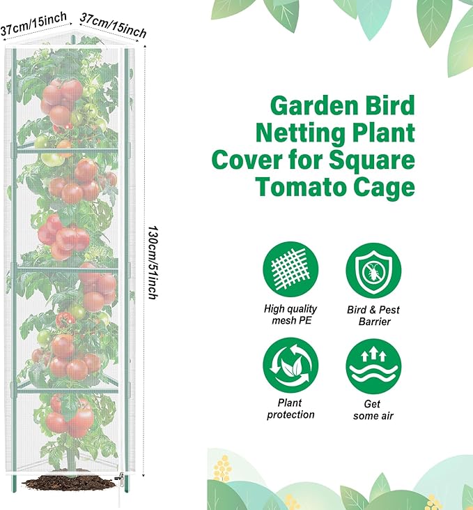 3 Pack Garden Bird Netting Plant Cover for Triangle Tomato Cage, 48"x13" Insect Bird Barrier Tomato Cage Net with Zipper & Drawstring, Tomato Trellis Netting Protection Cover for Protecting Plants