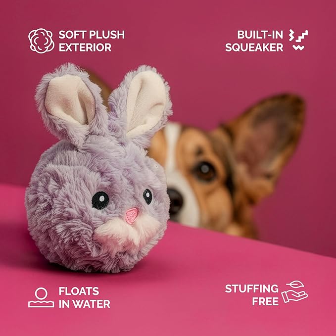 Pet Lou DOG'Z 4 Inch EZ Squeaky Rabbit Dog Plush Toy, Stuffing-Free Soft Plush, Durable Bouncy Squeaker Ball, Floats in Water, for Small & Medium Dogs