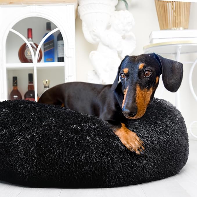 Calming Donut Dogs Beds for Small Dogs Washable,28inch Plush Round Pet Bed for Cozy Sleep,Fluffy Faux Fur Large Cat Bed,Fits up to 30 lbs Pets,Black