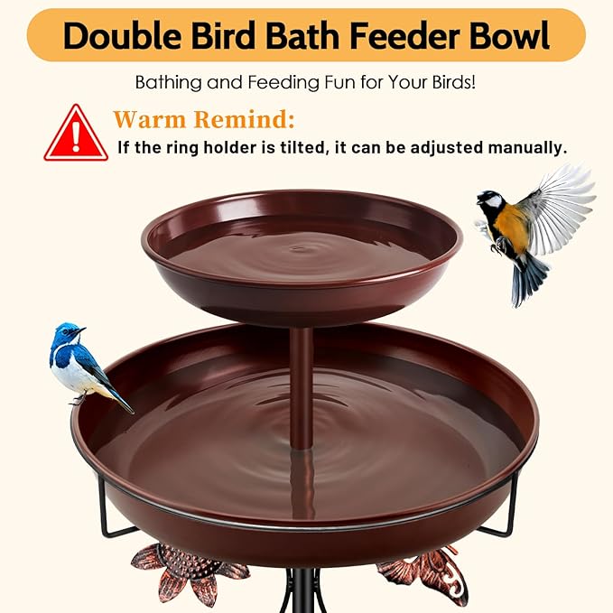 Daoeny Bird Bath for Outside, 42In Vintage Freestanding Birdbaths for Outdoors, Double Metal Bird Bath Feeder Bowls for Garden Patio Yard Lawn Decor, Upgraded 5-Pronged Base (Brown)