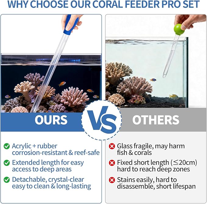 Extra Long Aquarium Coral Feeder Tool with Extension Tube, Deep Tank Fish Feeding Pipette, Long Pipette for Coral and Fish Feeding,Reef Tank Maintenance Accessories（17.7in&11.4in）