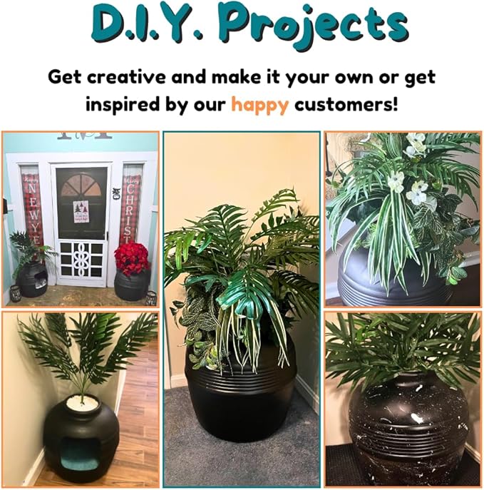Good Pet Stuff Hidden Litter Box Planter, Decorative Cat Litter Enclosure with Carbon Filter, Artificial Plant, Easy Clean, Removable Liner, Round Style, Essentials Kit, Matte Black