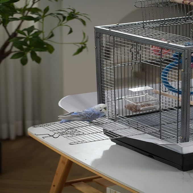 Metal Bird Cage 24 Inch High, Parrot Cage with Pull-Out Tray and 2 Perches, Bird Carrier for Parakeet, Cockatiels, Budgies and Small Medium Sized Birds Black