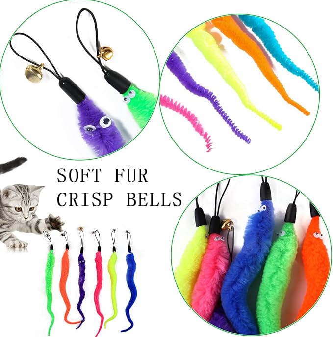 24 PCS Cat Worm Toy Replacement Teaser with Bell Refills Indoor Cat's Interactive Wand and Catch Wand Soft Squiggly Worm Teaser Refills Attachment Interactive Catch Toy Accessories （6 Color）