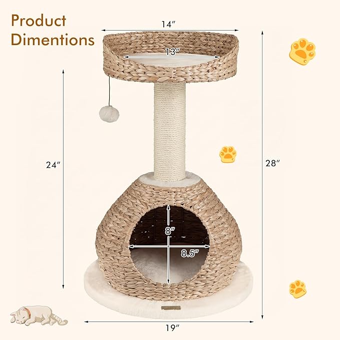 PETSITE 28-inch Modern Cat Tree, Small Cute Cat Tower Sisal Scratching Post, Hand-Made Wicker Condo and Top Perch, Interative Dangling Ball, Ideal for Indoor Cats