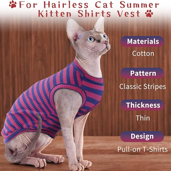 BRKURLEG Sphynx Hairless Cats Shirt Puppy Clothes Soft Cotton T-Shirts Cute Cats Pajamas Cat Stripes Vest Pet Sweater, Round Collar Vest Kitten Shirts(PinkBlue Stripes, L)
