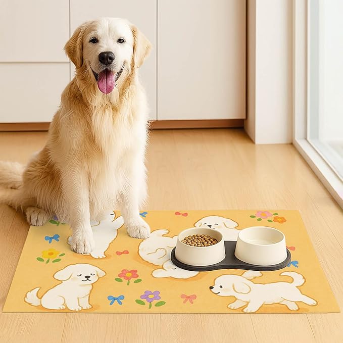 Bichon Frise Pet Food Mat Cute Spill-Proof Dog Water Bowl Mat Funning Mats for Cat Food and Water Bowls Cute Easy Clean Dog Bowl Mats Pet Placemat 20" x 12" Fast Dry Pets Feeding Pad