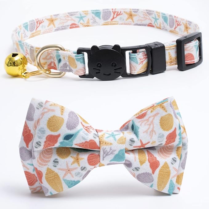 Faygarsle 2 Pack Cotton Designer Breakaway Cats Collar with Bow Tie and Bell Marine Theme Cat Collars for Girl Female Boy Male Cat Collar with Bell Fish Collars for Cats Collar Shell Pattern