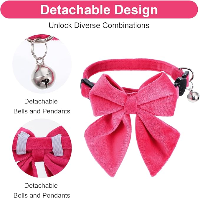 2 Pcs Pink Cat Collar with Bow Bells Breakaway Cat Bowtie Collar with Bell Safety Buckle Cats Collars for Girl Cats Adjustable Soft Cute Kitten Collars for Kitten