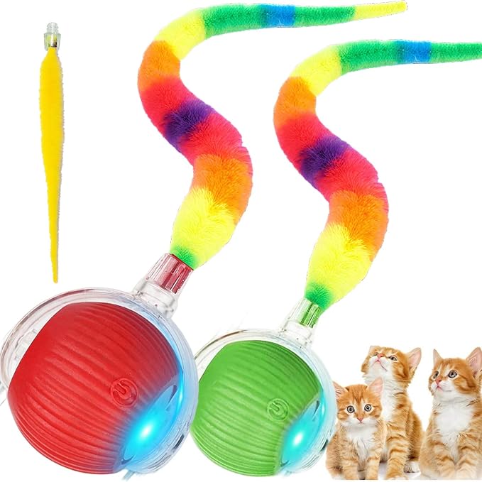 2 PCS Interactive Cat Toy Rolling Ball Chewie Viral Dog Ball with Tail, Smart Automatic Rolling Pet Balls,Automatic Moving Electric Cat Toy