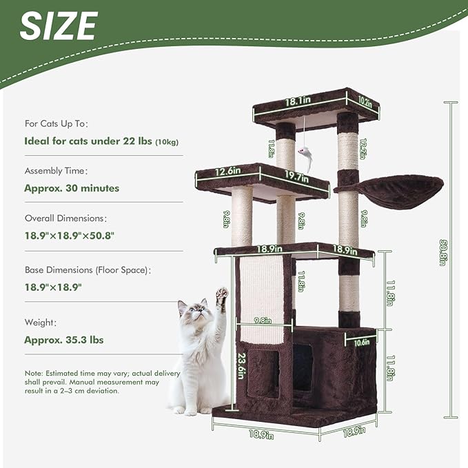 Cat Tree, 50.31-Inch Cat Tower for Indoor Cats, Cat House with Padded Platform Bed, Toy Mouse Ball, Large Cozy Condo, Hammocks and Sisal Scratching Posts for Kittens Play, Brown