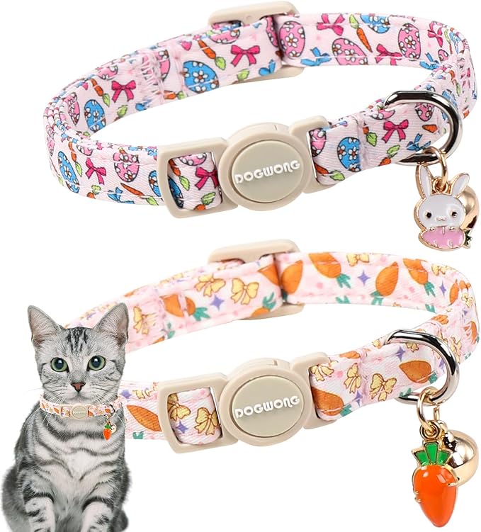 2 Pack Easter Cat Collars,DOGWONG Cute Breakaway Kitty Collars,Blue Bunny Pink Carrot Cat Collar with Bell, Easter Kitten Collars for Girl & Boy Cats