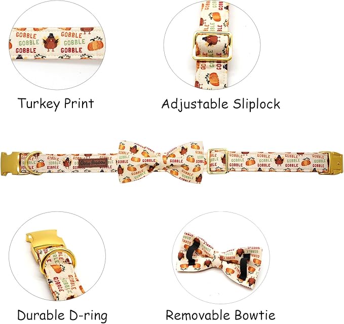 Dog Collar, Thanksgiving Turkey Pet Collar Bow Holiday Girl Boy Bow Puppy Collar Adjustable for X-Large Dogs