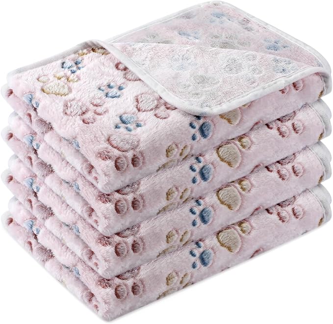 Tatuo 4 Pcs Dog Blanket for Pet Cat Blankets Indoor Puppy Teething Stuff Toys Paw Print Fleece Soft Blanket Sleep Mat for Guinea Pig Cage(Beige,Medium(30 x 20.5 Inch),Square)