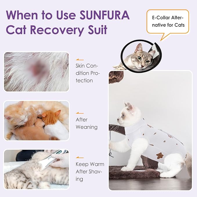 SUNFURA Cat Recovery Suit, Kitten Surgical Full Bodysuit for Abdominal Wound Protector Anti Licking After Surgery, Professional Bandages Cone E-Collar Alternative for Small Male & Female Pets