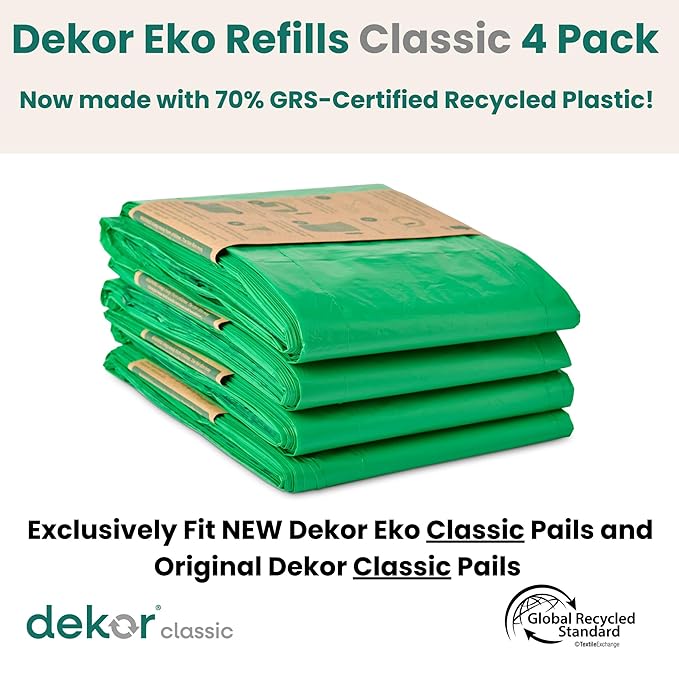Diaper Dekor CLASSIC Diaper Pail Refills | 4 Count Unscented | Exclusive End-of-Liner Marking | Thick Quick & Easy to Replace | Most Economical Refill System | for Original and Eko Style Pails